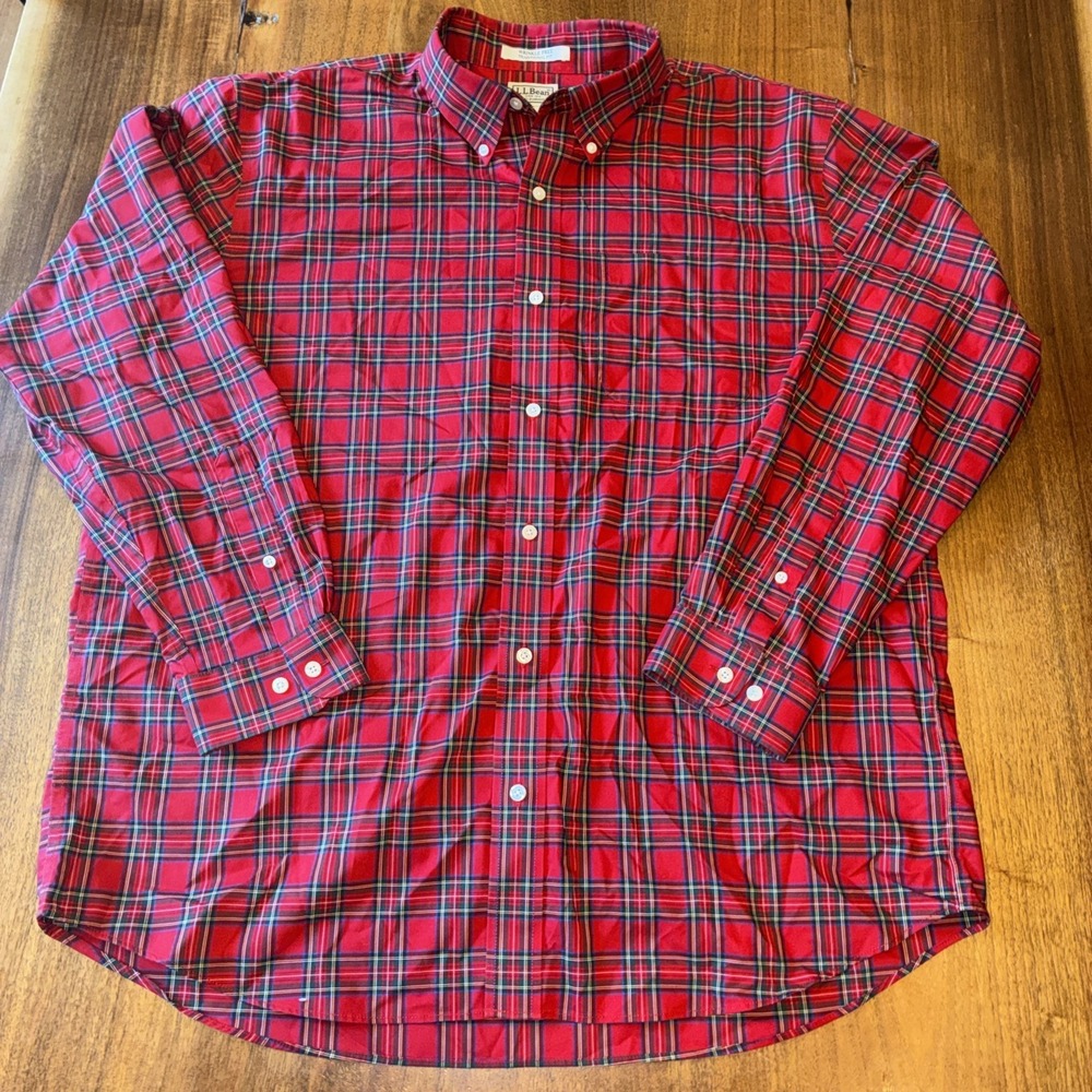 L.L.Bean Mens Shirt Wrinkle‎ Free Button Down XL Red Plaid Long Sleeve